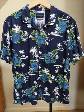 Denim & Flower | Men's Navy Blue Tropical Hawaiian Shirt Ricky Singh| Size XL